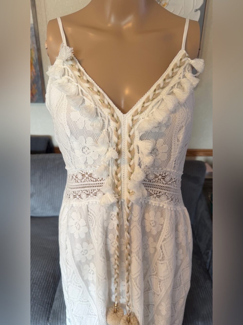 Cupshe White Boho Lace Handkerchief Hem Dress With Pompom Tassels